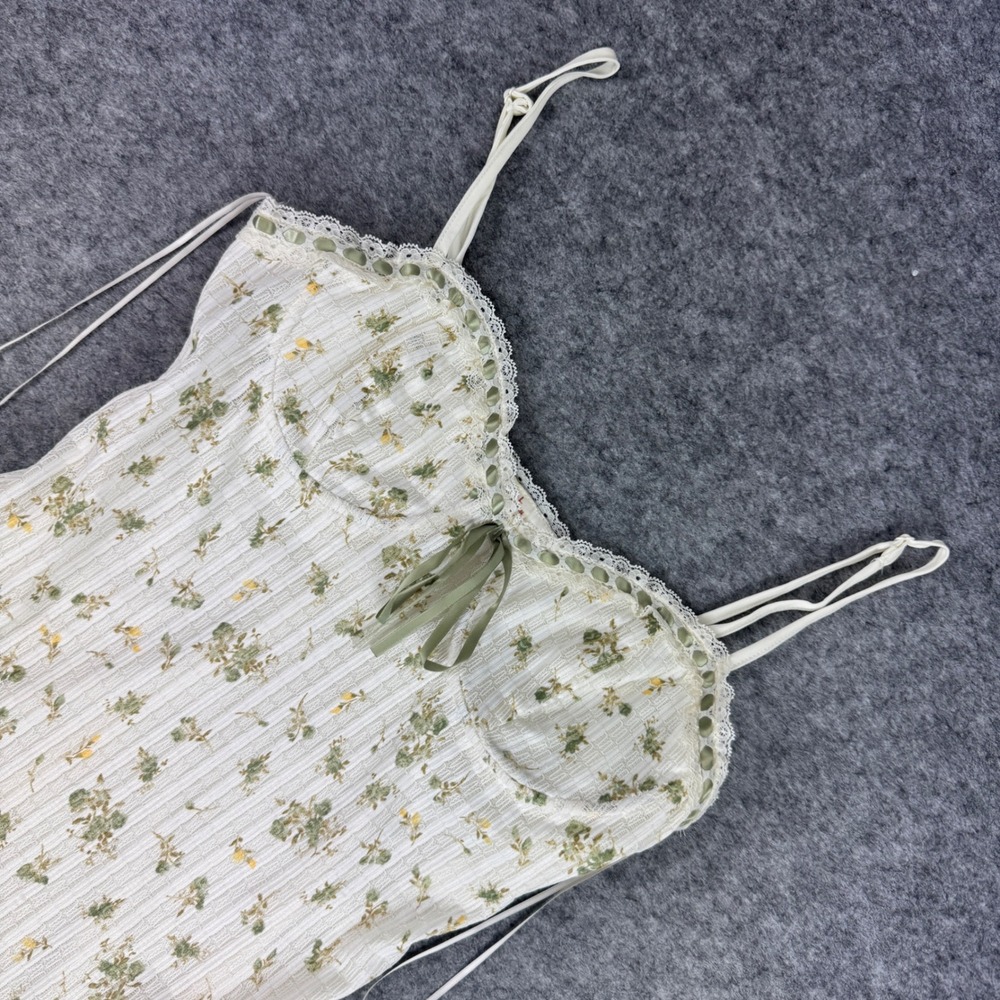 Cider Floral Lace Trim Bustier Mini Dress Cream Sage Green Large Cottagecore